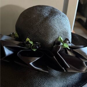 Black‎ Straw Cloche Hat with Ribbon & Rose Accent Tea Party Kentucky Derby